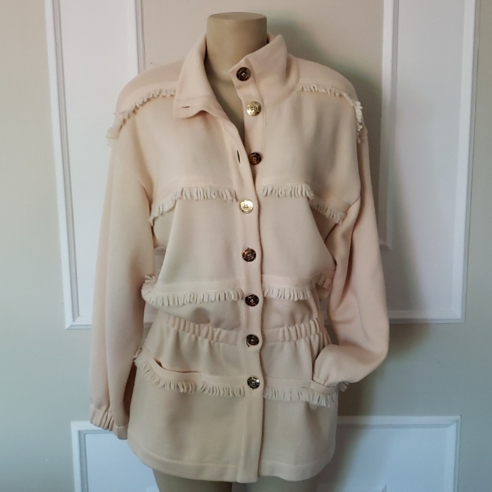 Vintage Escada Margaretha Ley Wool Fringe Cardigan Cream Gold Buttons Fall